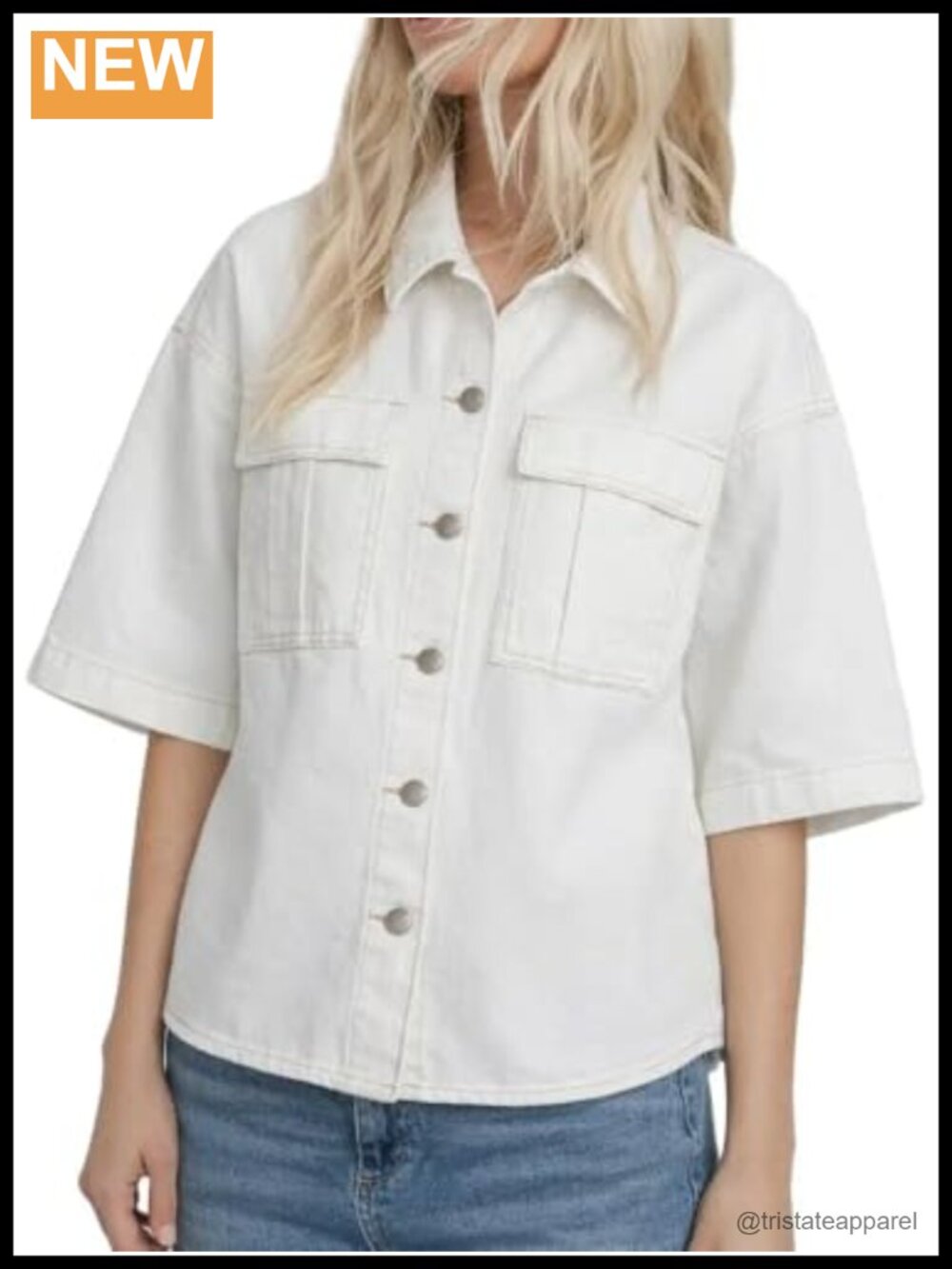 Oversized Denim Jacket Women Short Sleeve Cropped Jean Button Down Shirt